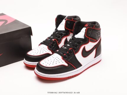 High-top sneakers with a black, white, and red color scheme.
