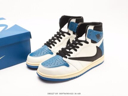 A pair of white high-top sneakers with blue and black details and a yellow sole.