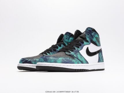 High-top basketball sneaker with a green and black pattern.