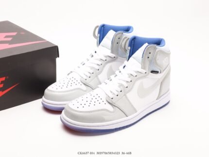 High-top sneakers in white with blue accents.