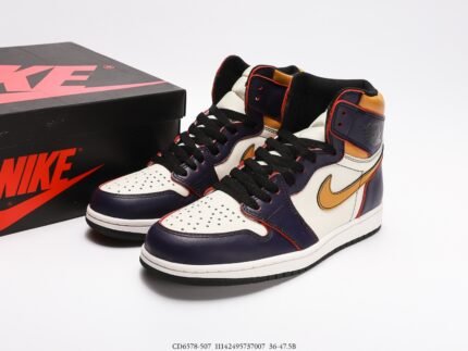 Dark Blue, White, and Gold High-Top Sneakers