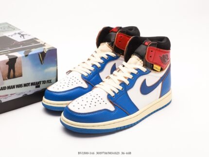A pair of blue, white, and red high-top sneakers next to a uniquely designed box.