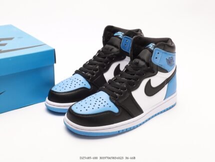 High-top sneakers with black, white, and blue color scheme