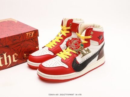 A pair of red, white, black, and yellow high-top sneakers with a rose design, next to a red box.