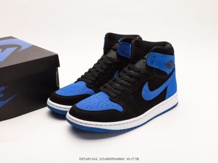 A pair of blue and black high-top sneakers next to a black box with a blue logo.