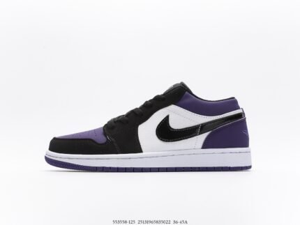 Low-top sneaker with a combination of black, white, and purple.
