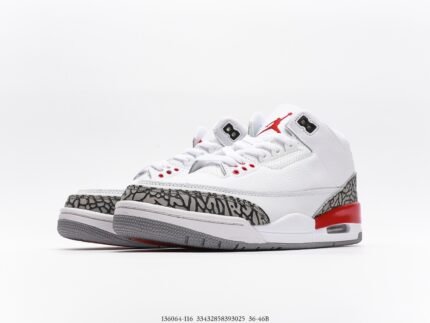 A pair of white high-top sneakers with red and gray details and a gray sole.