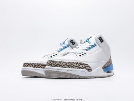 White high-top sneakers with light blue laces and gray patterned decorations
