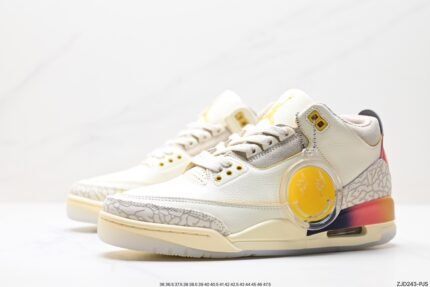 White sports shoes with yellow and red accents, gray snake skin texture