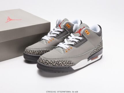Gray and white high-top sneakers with white laces and orange details
