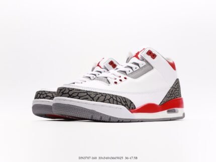 White, gray, and red high-top sneakers with white laces and gray patterned decorations