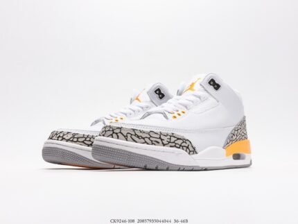 White high-top sports shoes with yellow eyelets, snake skin texture accents