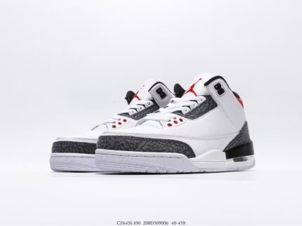 White high-top sports shoes with black and red details, white laces