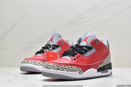 Red high-top sports shoes, black laces, gray sole