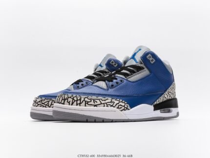 Blue high-top sports shoes, black laces, white and black details