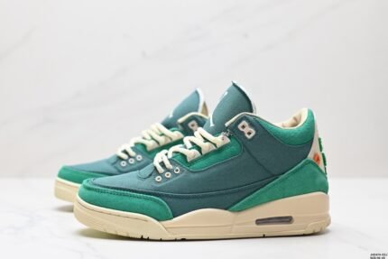 Teal and green sports shoes, cream laces, white sole