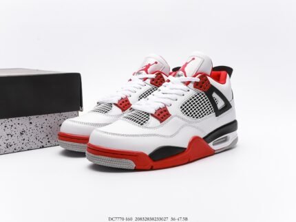 White sneakers with red and black accents, white shoebox