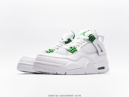 White sneakers with green accents, white shoebox