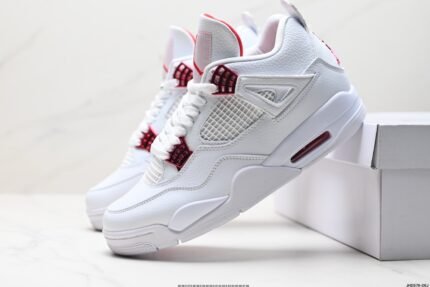 White sneakers with red details, white shoebox