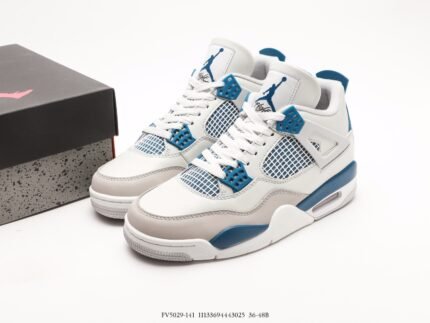 White and blue sneakers with blue laces and logo