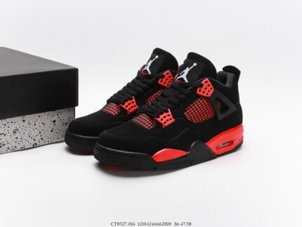 Black sneakers with red details, black shoebox