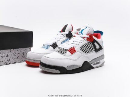 White sneakers with multicolor accents, black shoebox beside