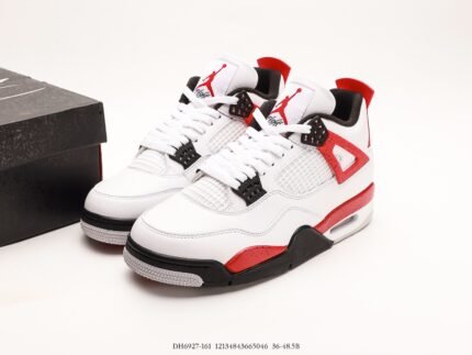 White sneakers with red and black accents, black shoebox beside