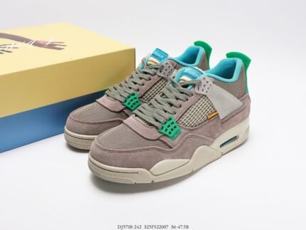 Brown low-top sneakers with green and blue details