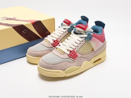 Multicolor low-top sneakers with pink, blue, gray, and yellow details