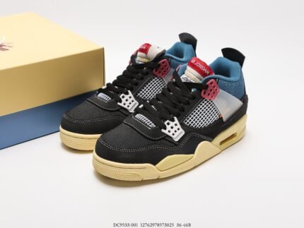 Black, blue, and red low-top sneakers with mesh details and brand logo