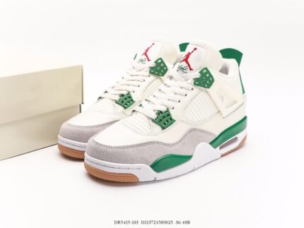 White and green high-top sneakers with green accents and white laces