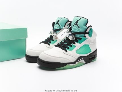 High-top sneakers with a white base and mint green accents.