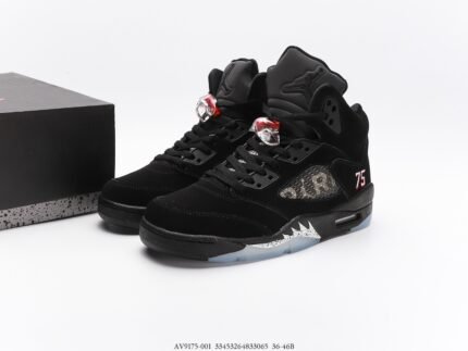 Black sneakers with red details, black shoebox