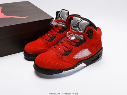 High-top sneakers in vibrant red with black and white accents.