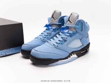 Light blue high-top sneakers with white and darker blue accents.