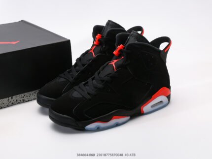 Black high-top sneakers with red and blue accents.