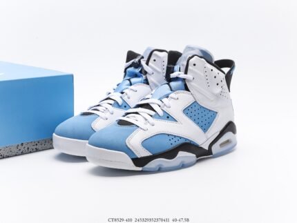 High-top sneakers with a white base and light blue accents.