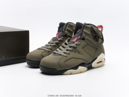 High-top sneakers in olive green with black and white accents.