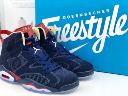 Navy blue high-top sneakers with red and white accents.