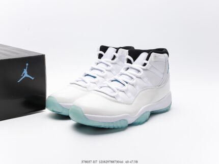 A pair of white high-top sneakers with a translucent blue sole, next to a black shoebox.