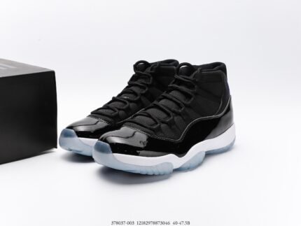 A pair of black high-top sneakers with a glossy upper and white soles.