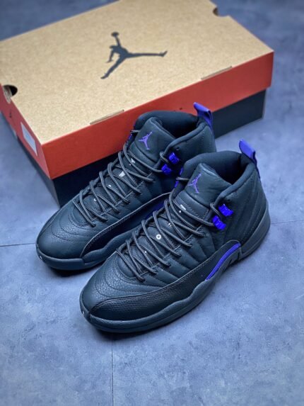 Black and purple high-top sports shoes with lace-up closure, brand shoe box