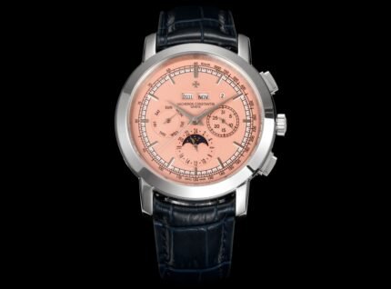 Pink dial complicated watch with black leather strap and metal case