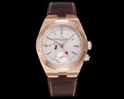 White dial rose gold watch with brown leather strap and date display