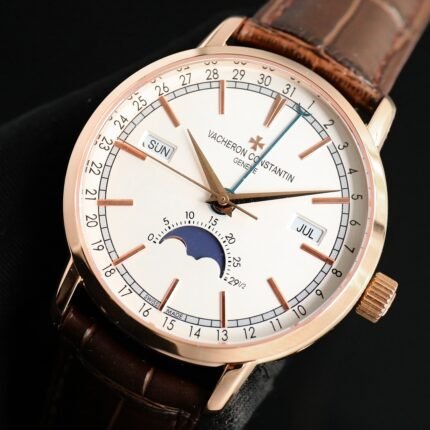 A classic wristwatch with a moon phase display and a brown leather strap.