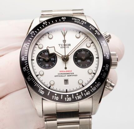 A silver wristwatch with a white dial and black sub-dials on a silver bracelet.
