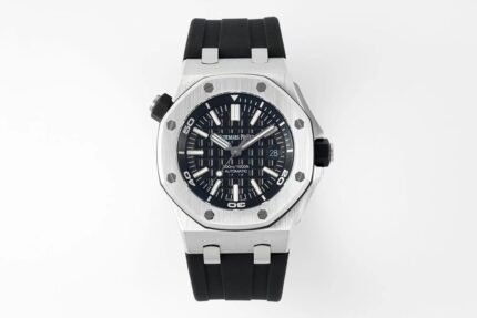 A sporty watch with a black rubber strap and a black dial featuring white markings and three sub-dials.