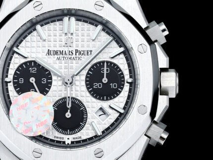 A silver watch with a white dial and multiple sub-dials