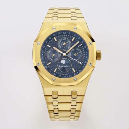 Gold watch with a blue dial and matching bracelet.