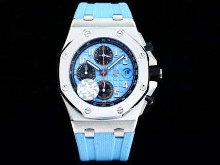 A watch with multiple dials and a blue strap.